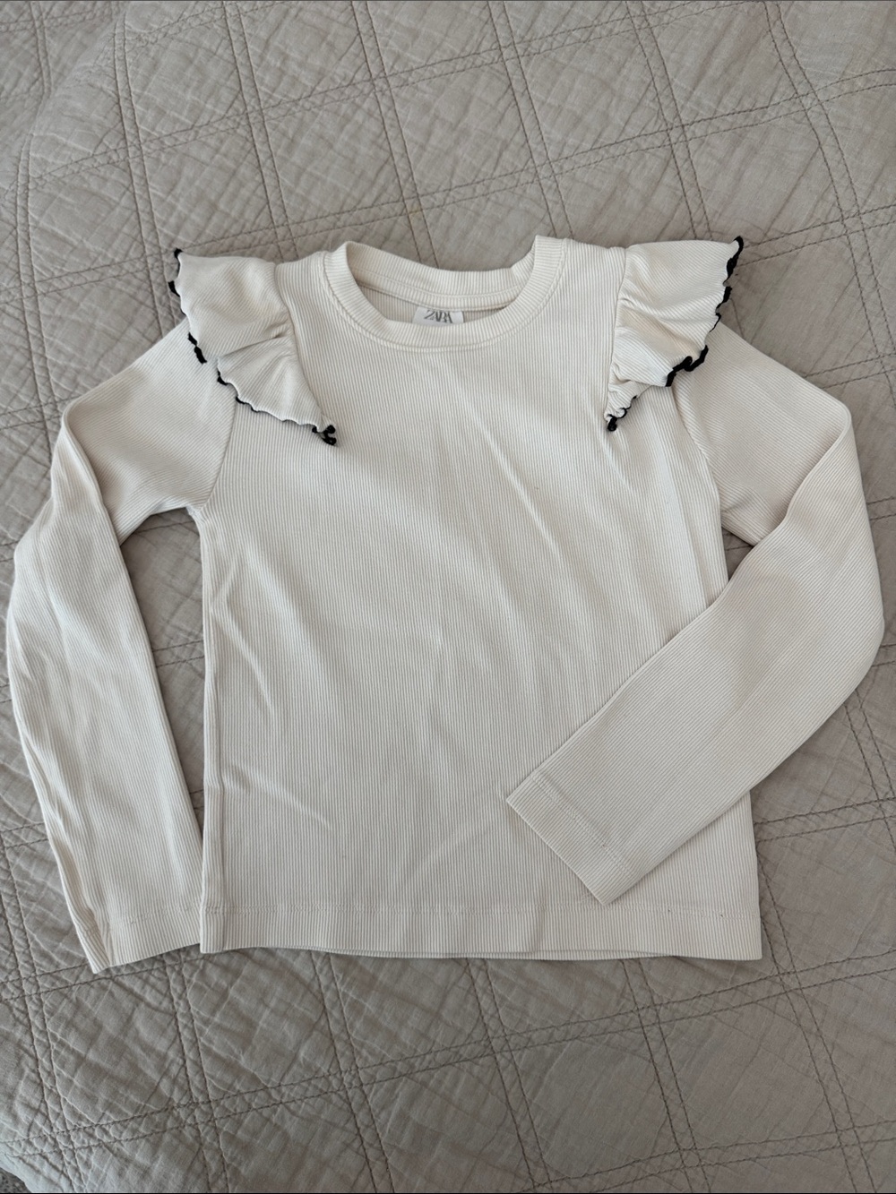 Zara Cream Long Sleeve Top with Black-Trim Ruffle Shoulders